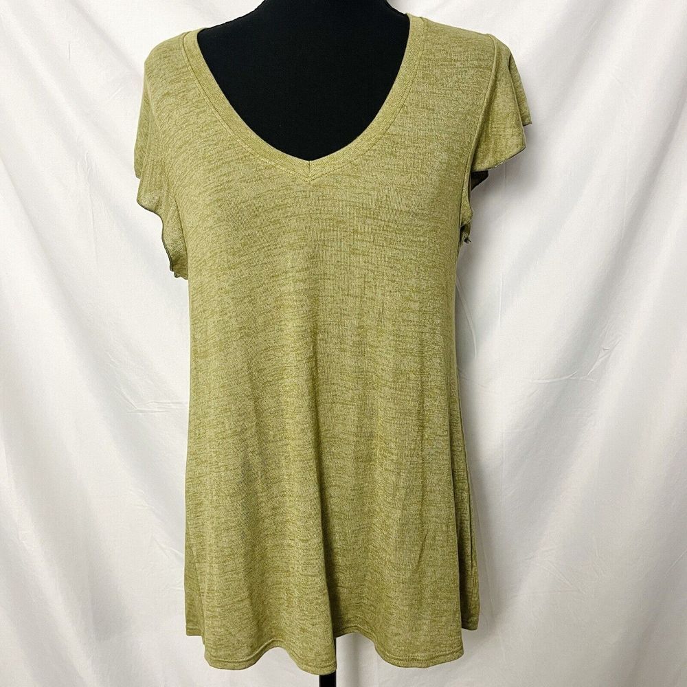 W. by Wantable Shirt Womans‎ V Neck Olive Green Short Flutter Sleeve